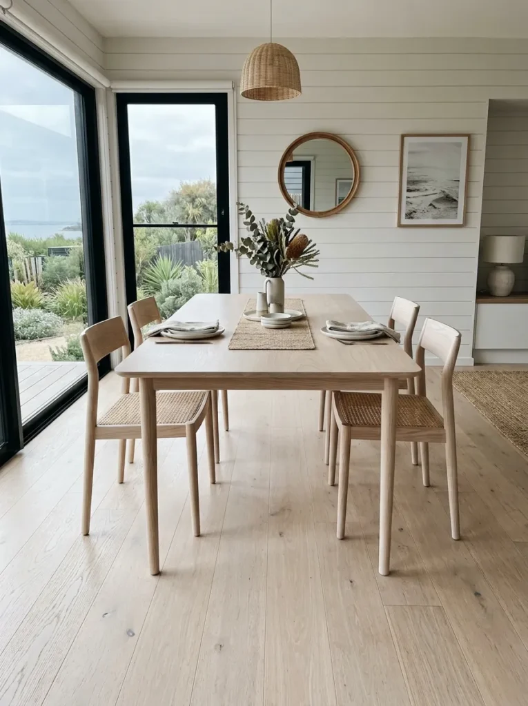A bleached-ash table on four slender legs lets light pass beneath it in a bright coastal dining room.