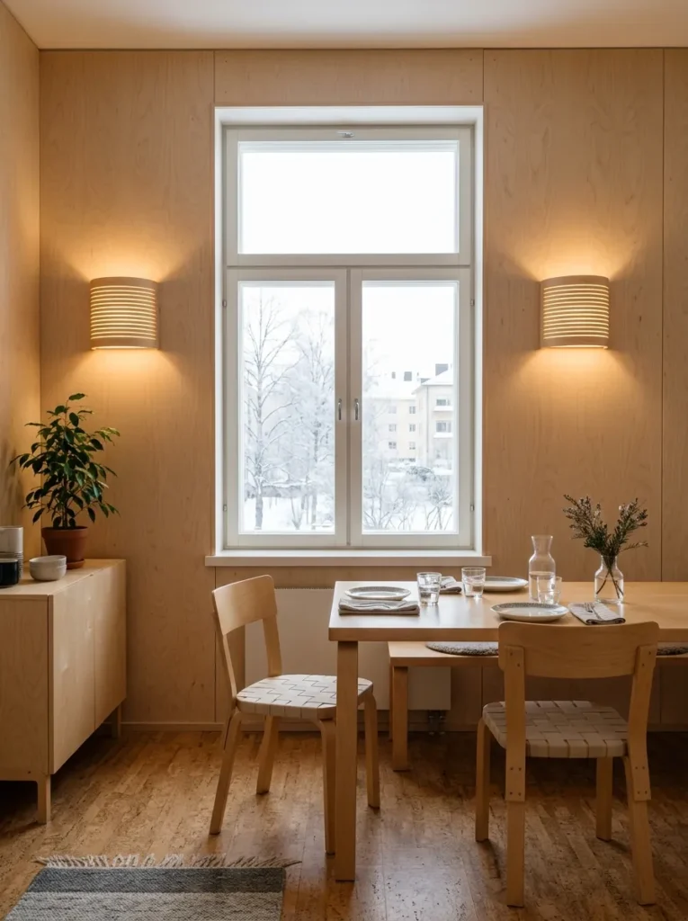 Two birch-mounted wall sconces flank a window in a fresh, uncluttered Finnish dining room.
