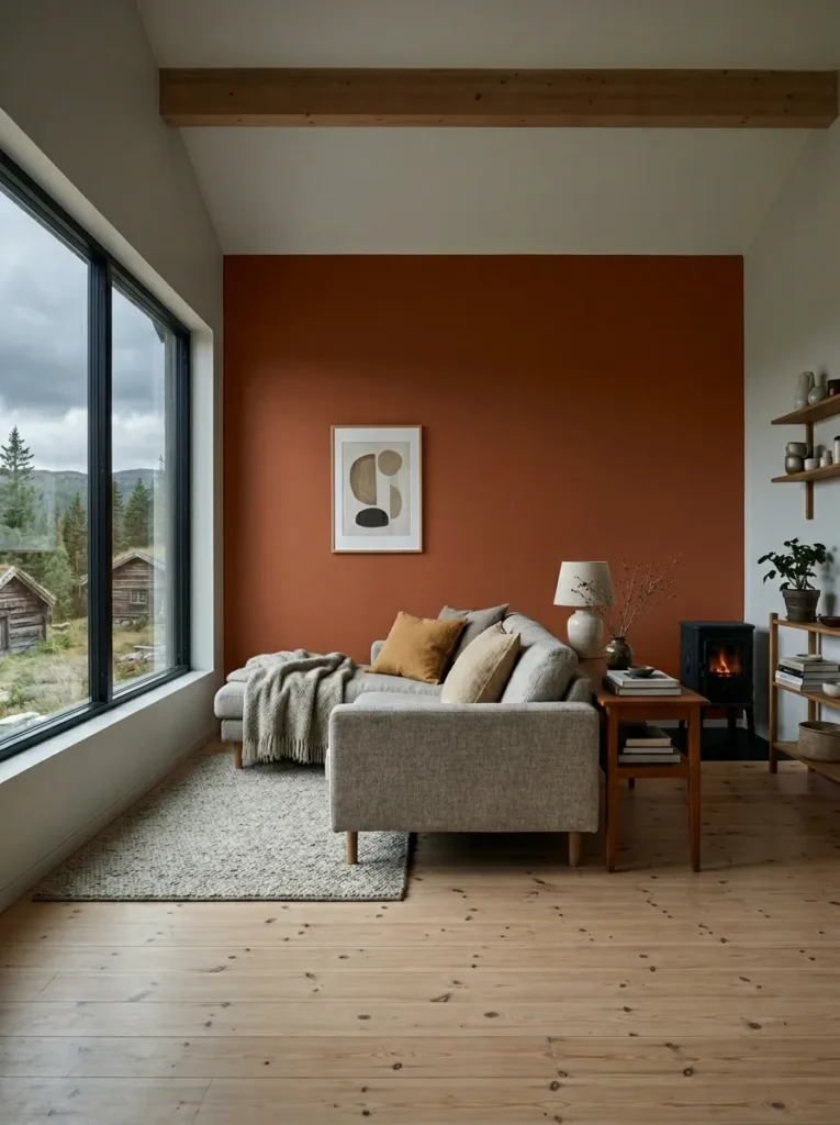 Minimal living room with a warm neutral feature wall creating depth and visual balance