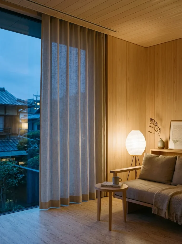 Minimal living room featuring ceiling-mounted linen curtains that create clean uninterrupted lines