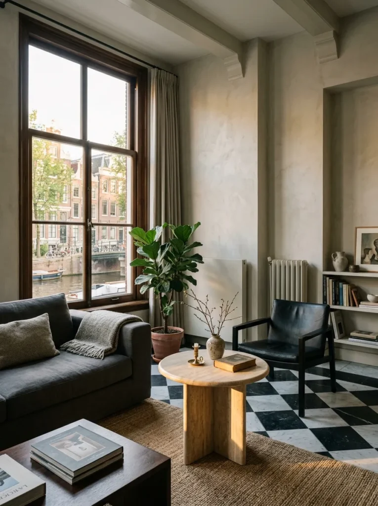 Minimal living room featuring a curved accent chair and round side table that soften clean architectural lines
