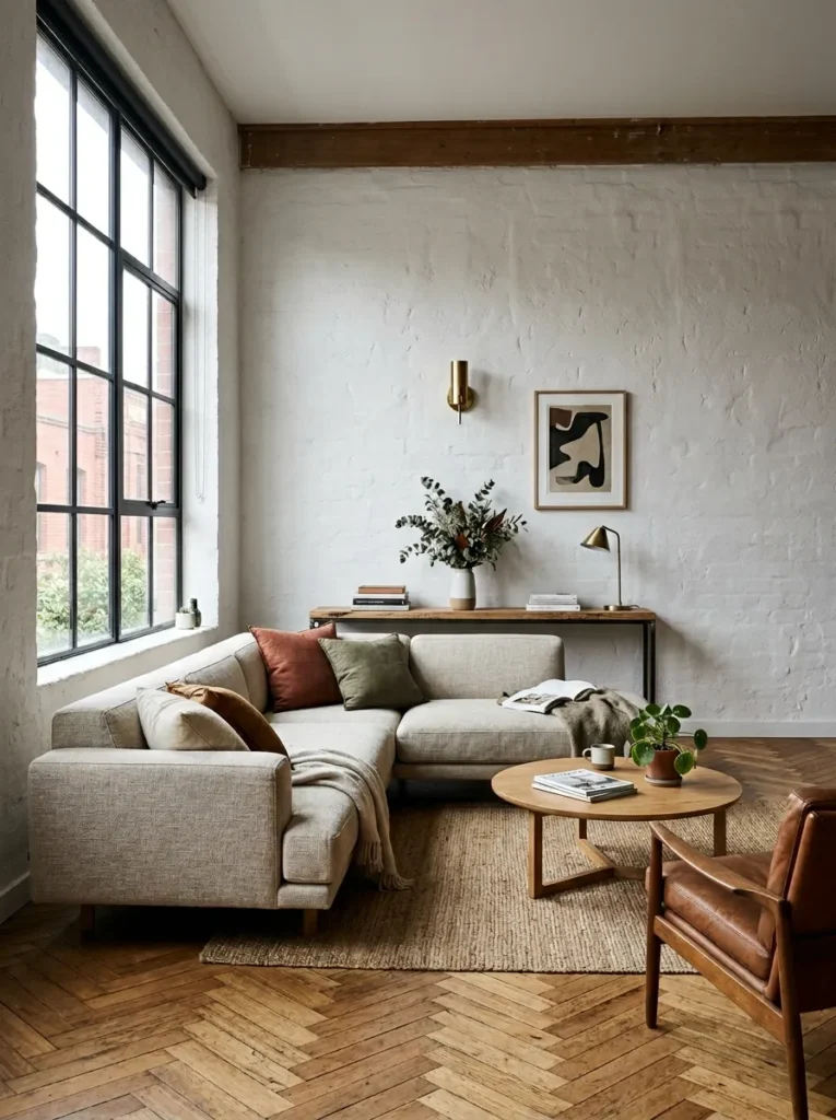 Minimal living room with a floating sofa layout creating an open and functional seating arrangement