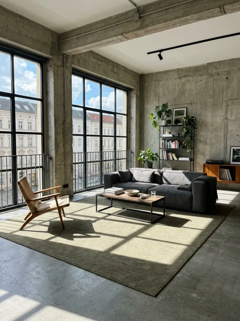 Minimal living room featuring a large neutral wool rug that anchors the seating area beautifully