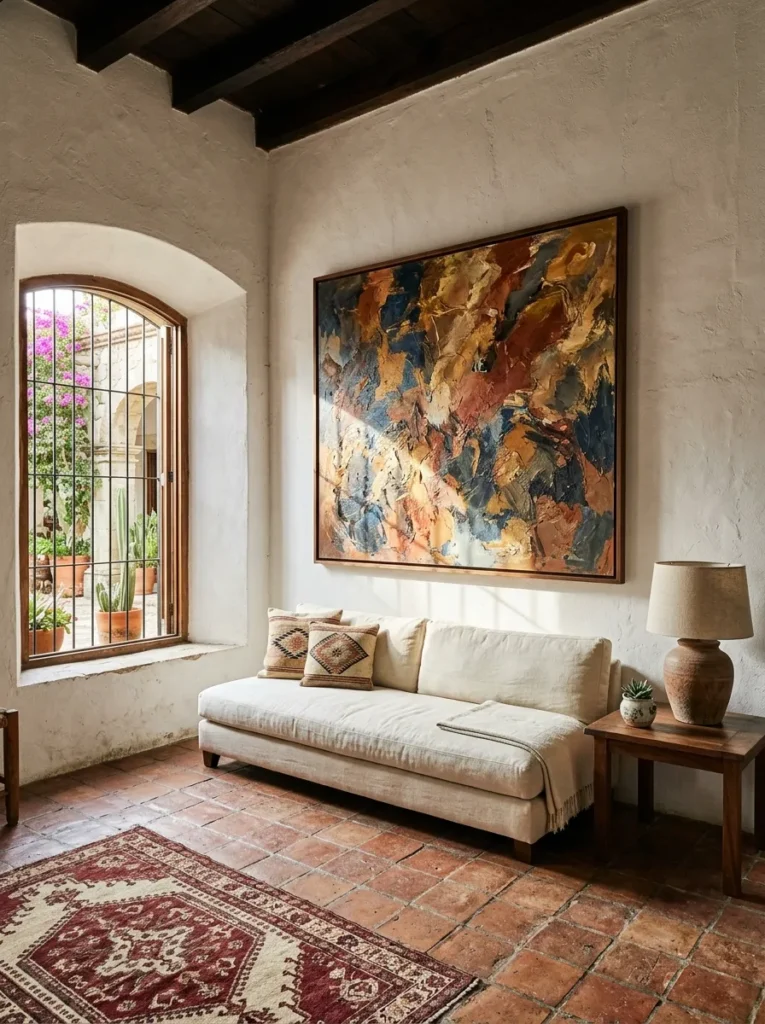 Minimal living room featuring oversized abstract wall art above a clean modern sofa