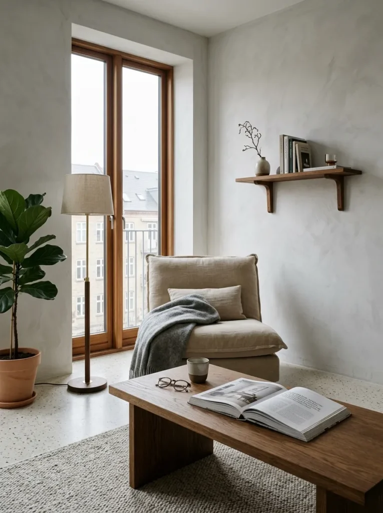 Minimal living room with repeated natural wood finishes creating a cohesive and calming interior design