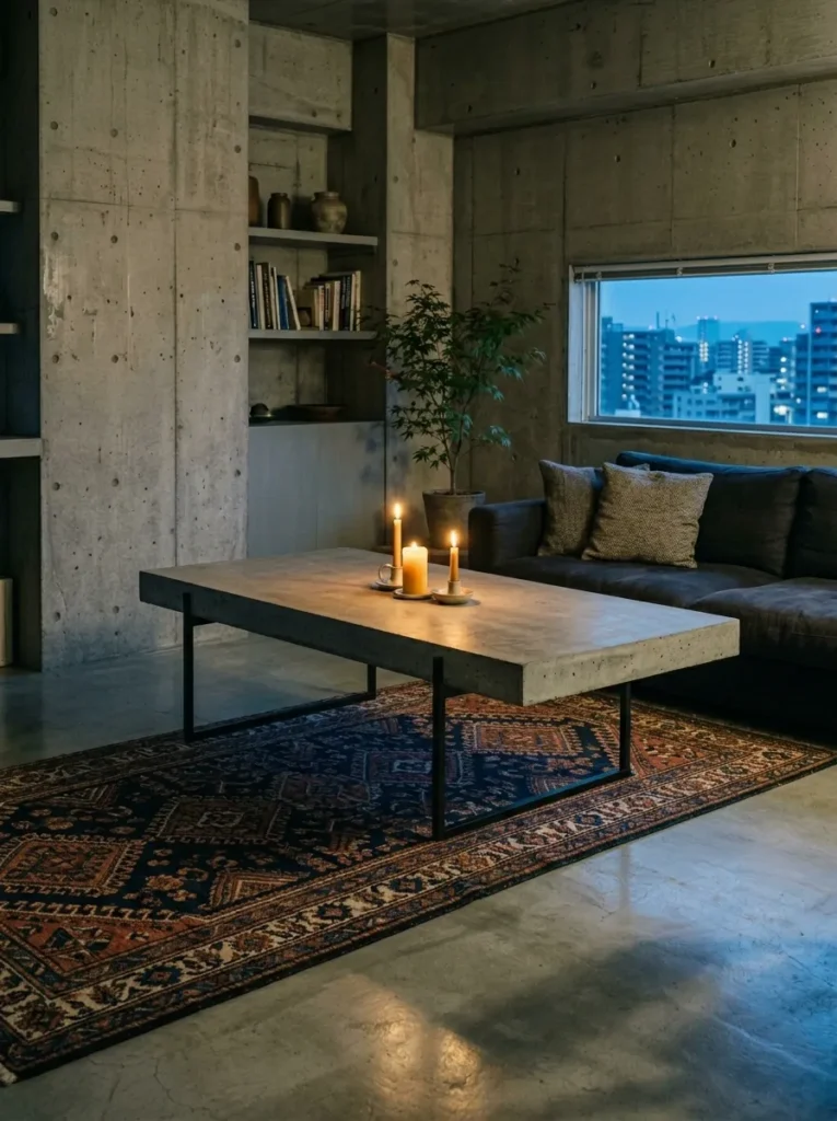Minimal living room featuring an open base coffee table that enhances visual space and lightness