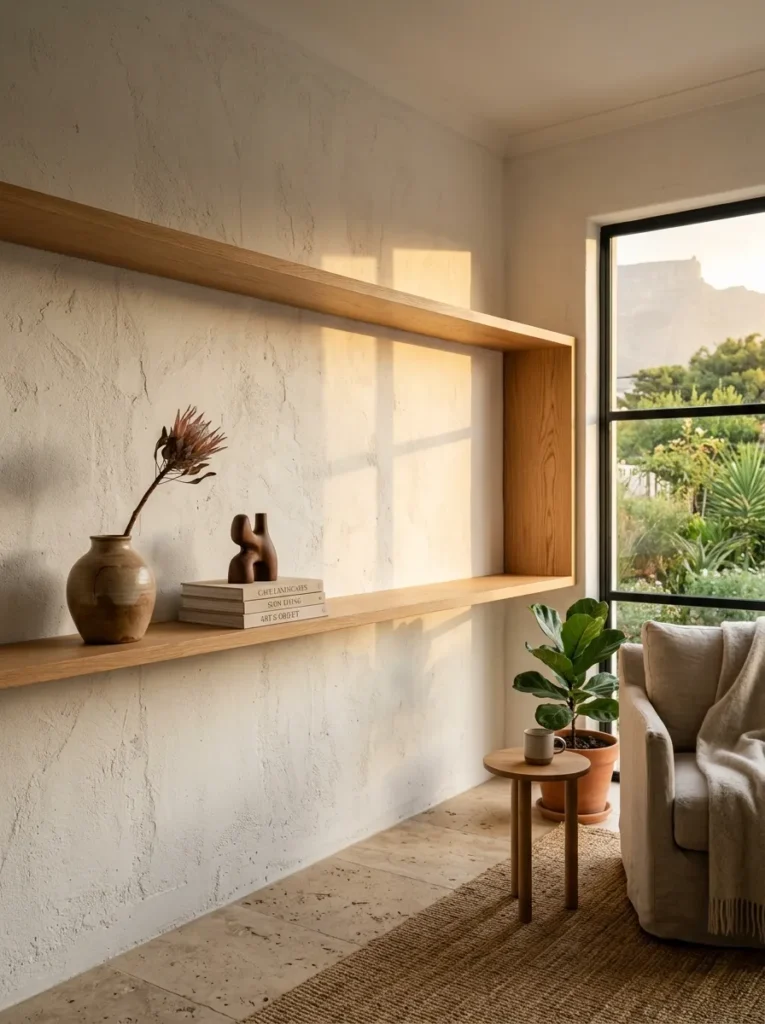 Minimal living room featuring open shelving with carefully curated decor and intentional empty space