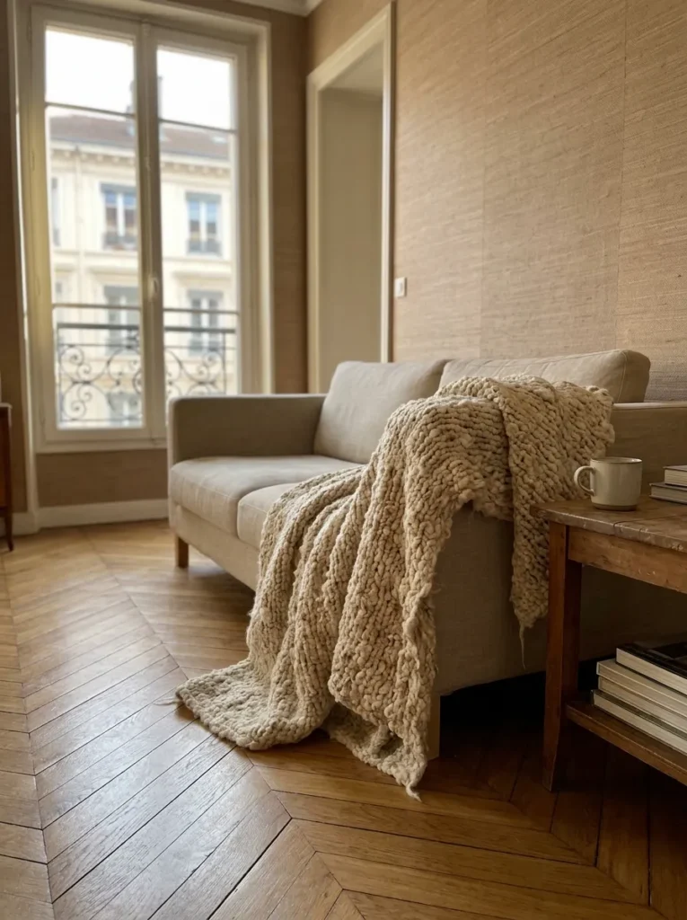 Minimal living room styled with a soft wool throw adding warmth without visual clutter
