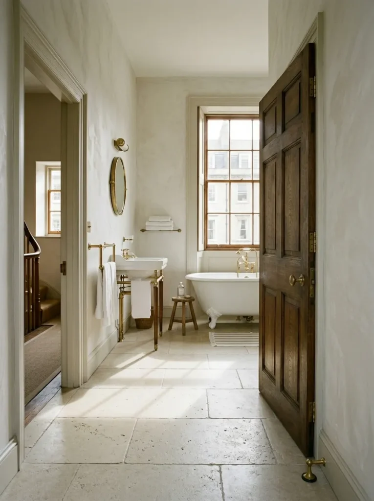 Solid oak bathroom door held flush to limewash plaster wall with a brass doorstop, floor plane unobstructed.