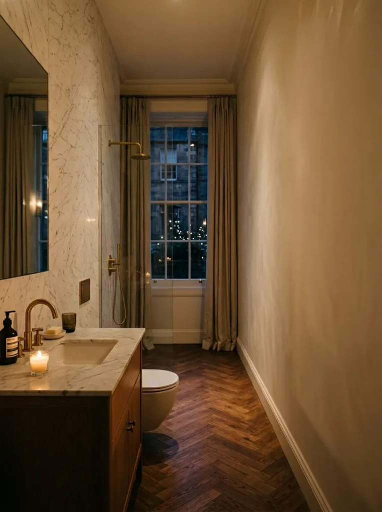 All bathroom plumbing consolidated on one honed Calacatta marble wall leaving the opposite wall entirely clear.