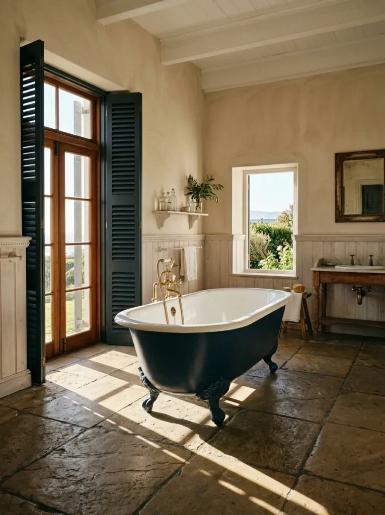 Cast-iron freestanding roll-top bath centred in a spacious colonial bathroom with raw stone flag flooring.