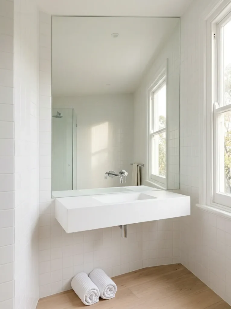 Small bathroom with a full-width mirrored splashback behind a wall-mounted basin reflecting the room and a window, creating depth and doubling light