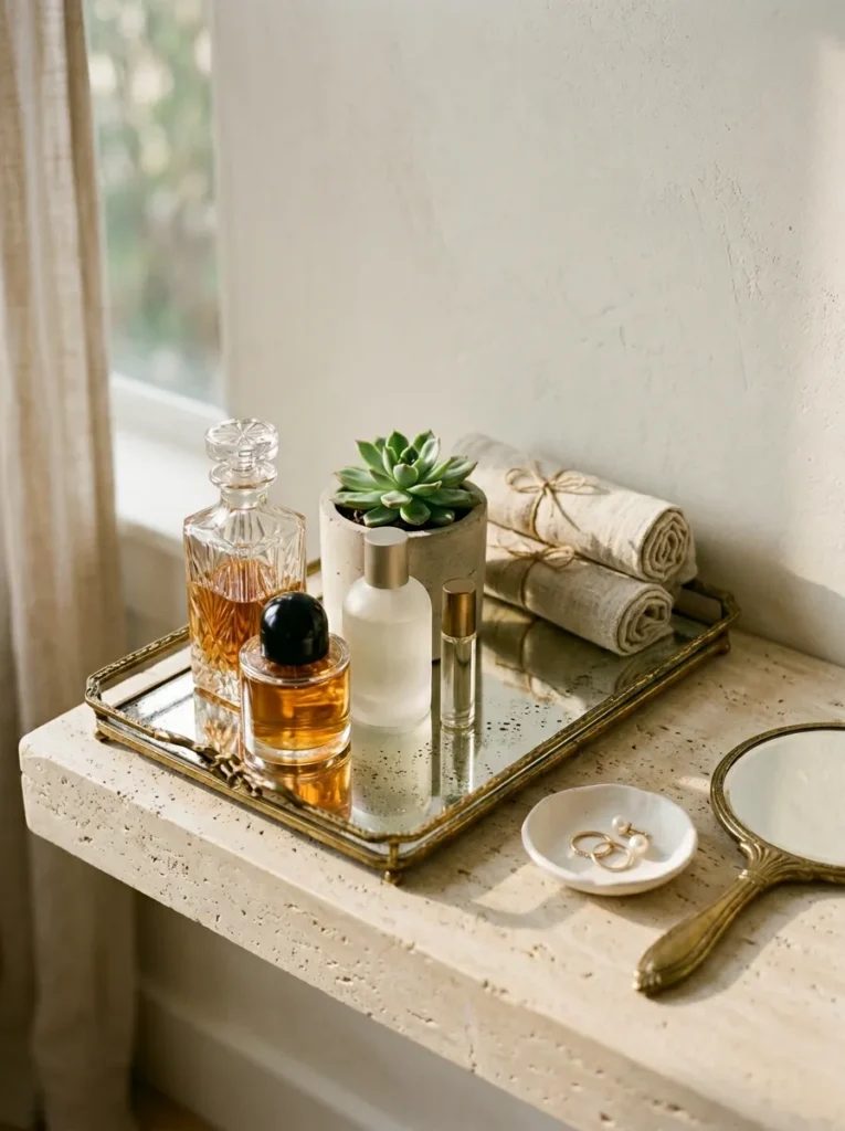 Antique gold mirrored rectangular tray on a marble bathroom shelf displaying curated perfume bottles, a small plant, and stacked linen face cloths