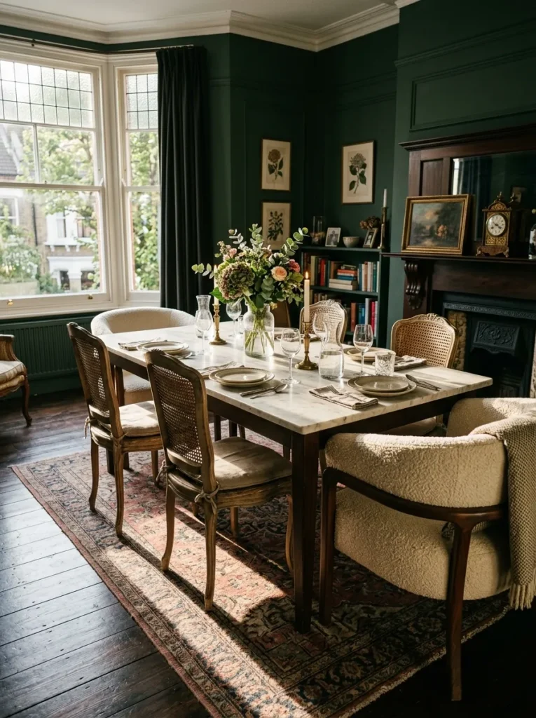 Mixed bouclé armchair and cane side chair dining seating around a marble table in a Victorian London dining room with green walls.