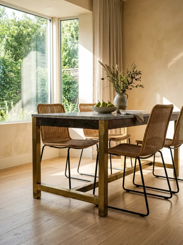Dining table with brass, stone, and wood mixed-material base in a luxury dining room
