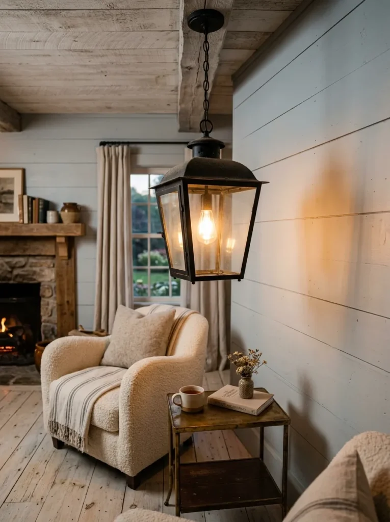 Black iron lantern-style pendant light hanging above a farmhouse living room seating area
