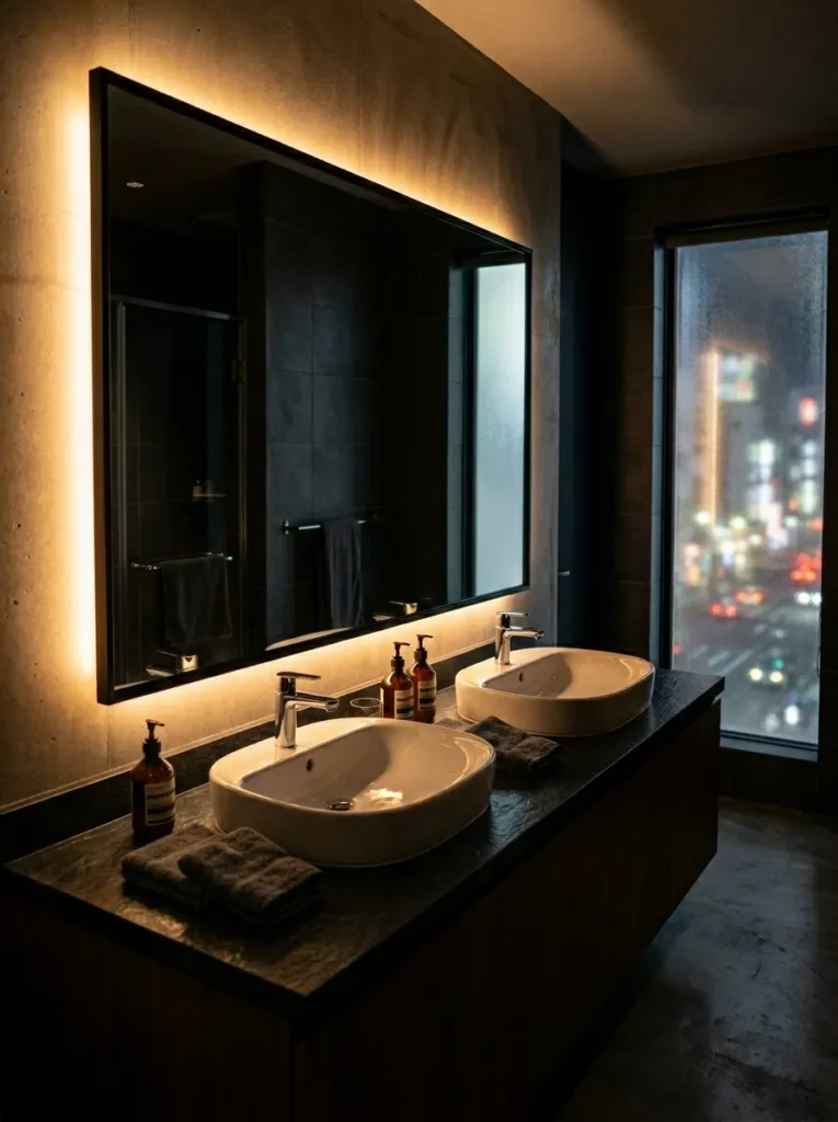 Modern bathroom vanity with illuminated backlit mirror and warm ambient lighting