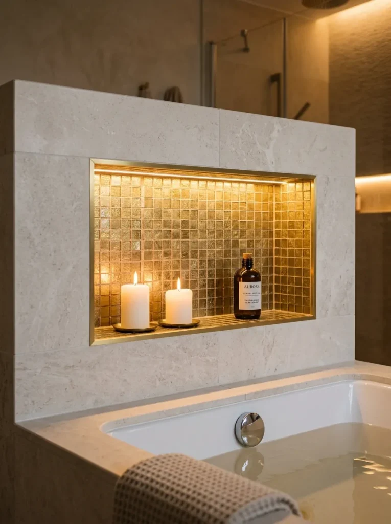 Modern bathroom with recessed bath niche for candles, oils, and storage