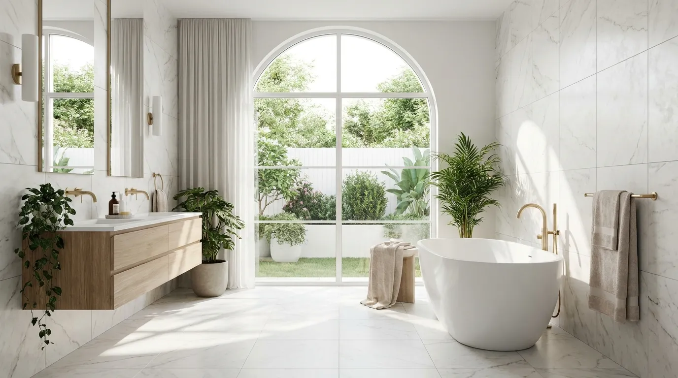 Modern bathroom ideas featuring floating vanities, rain showers, stone resin bathtubs, and elegant contemporary design