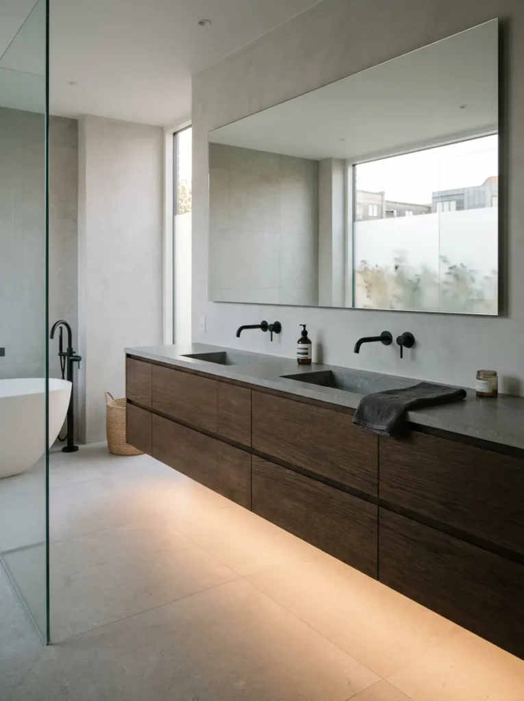 Modern bathroom featuring floating vanity with integrated storage and minimalist design