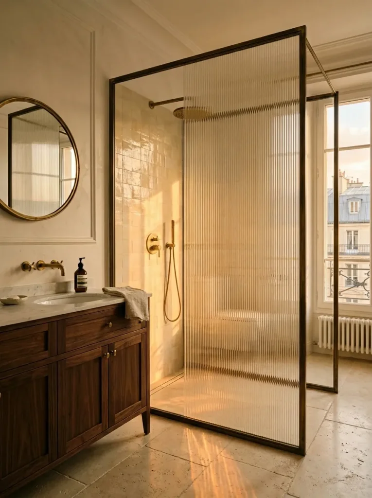 Modern bathroom featuring fluted glass shower enclosure and elegant detailing