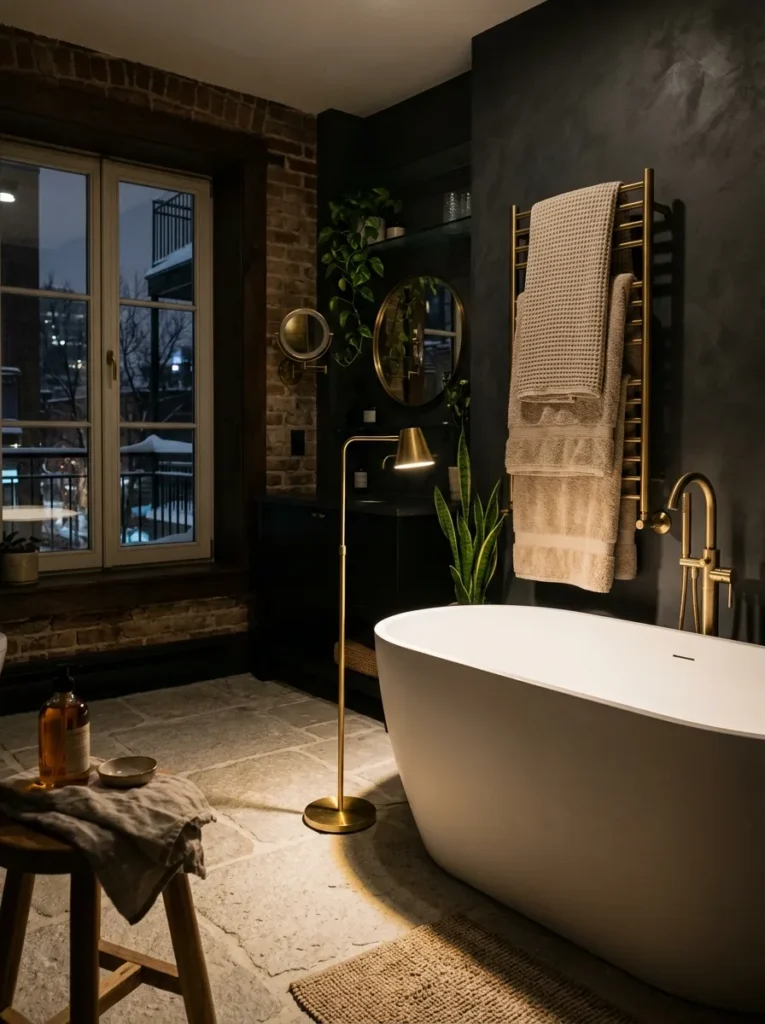Modern bathroom featuring heated towel rail and layered architectural lighting