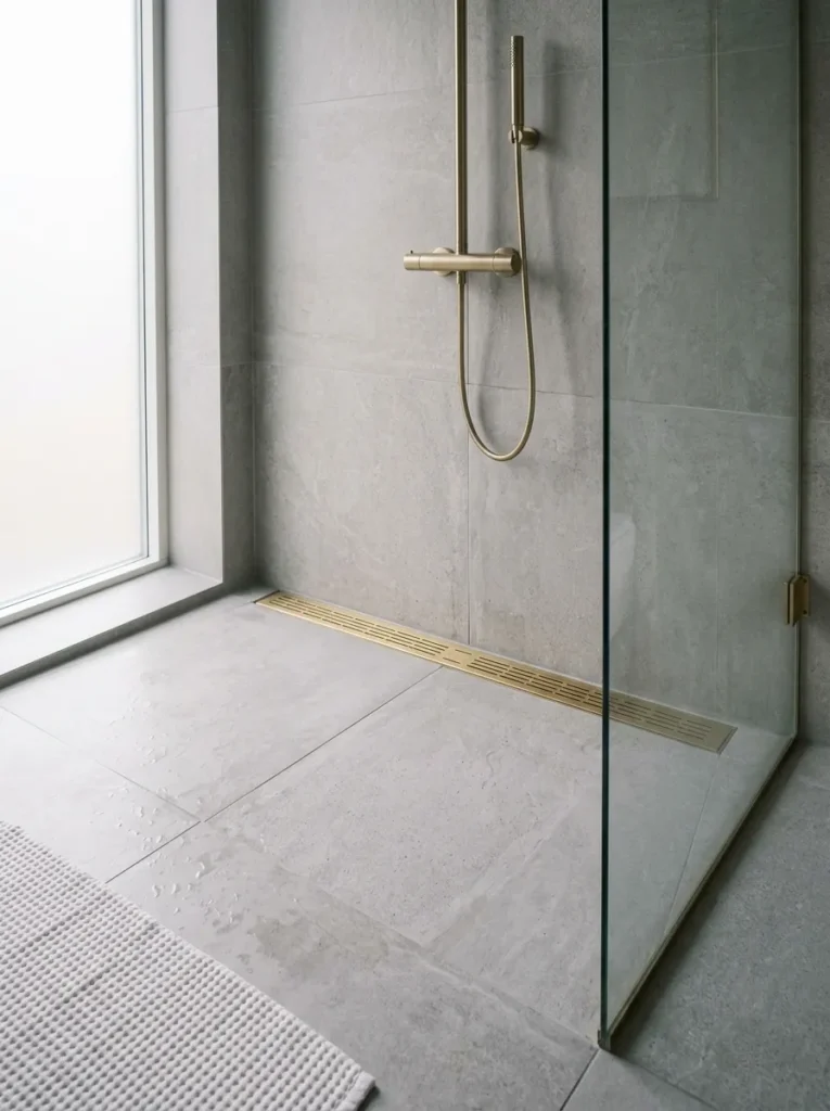 Modern bathroom shower with slim linear drain and seamless floor tile design