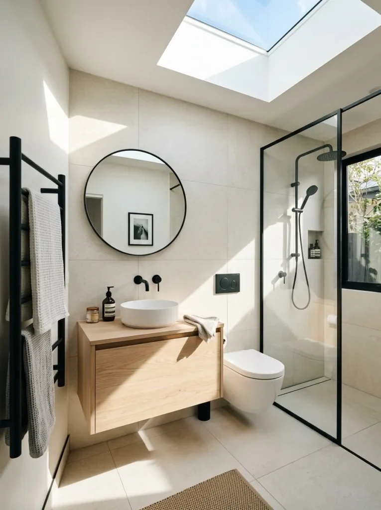 Modern bathroom with matte black fixtures and coordinated contemporary hardware