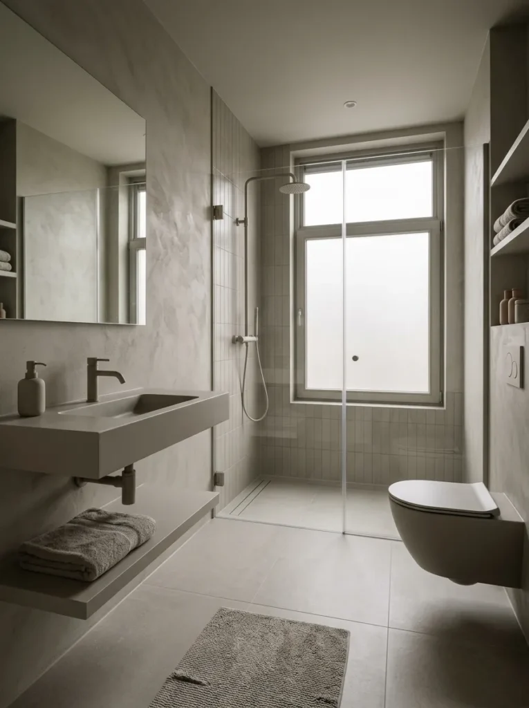 Modern bathroom with monochromatic color palette and clean elegant styling