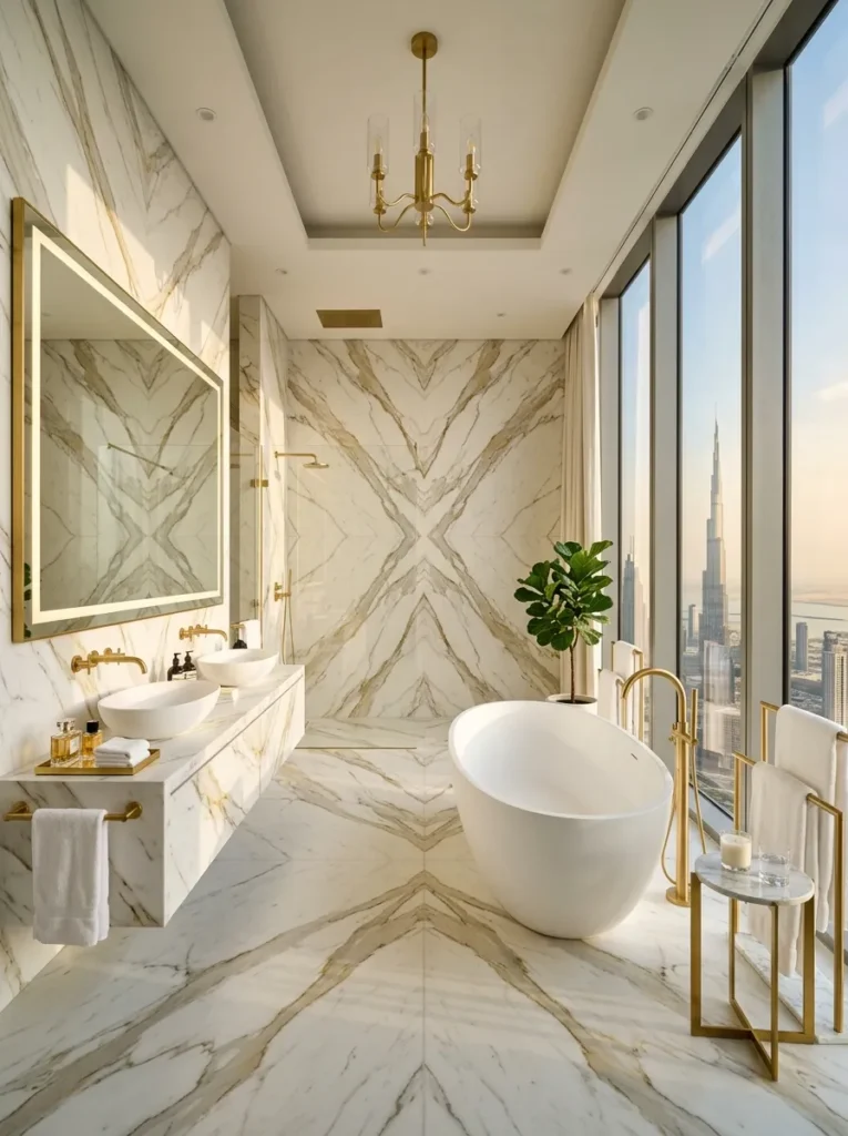 Modern bathroom featuring full-height porcelain slab walls with seamless luxury appearance
