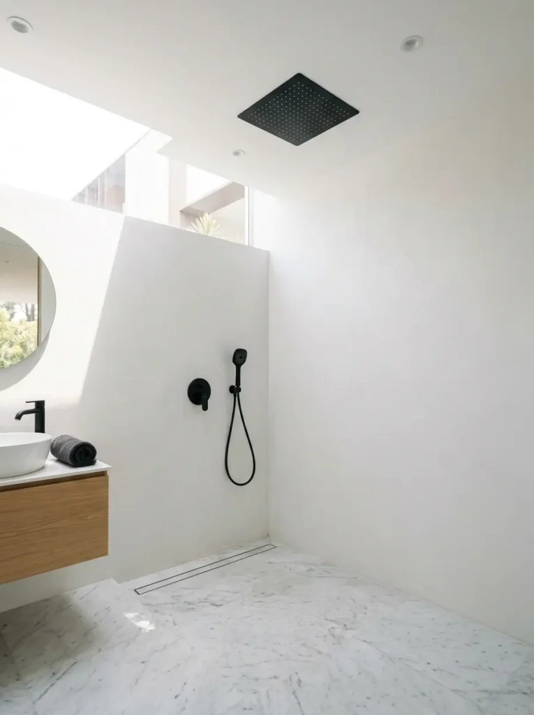 Modern bathroom with ceiling-mounted rain shower and minimalist shower design