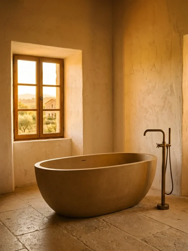 Modern bathroom with freestanding stone resin bathtub and spa-inspired atmosphere