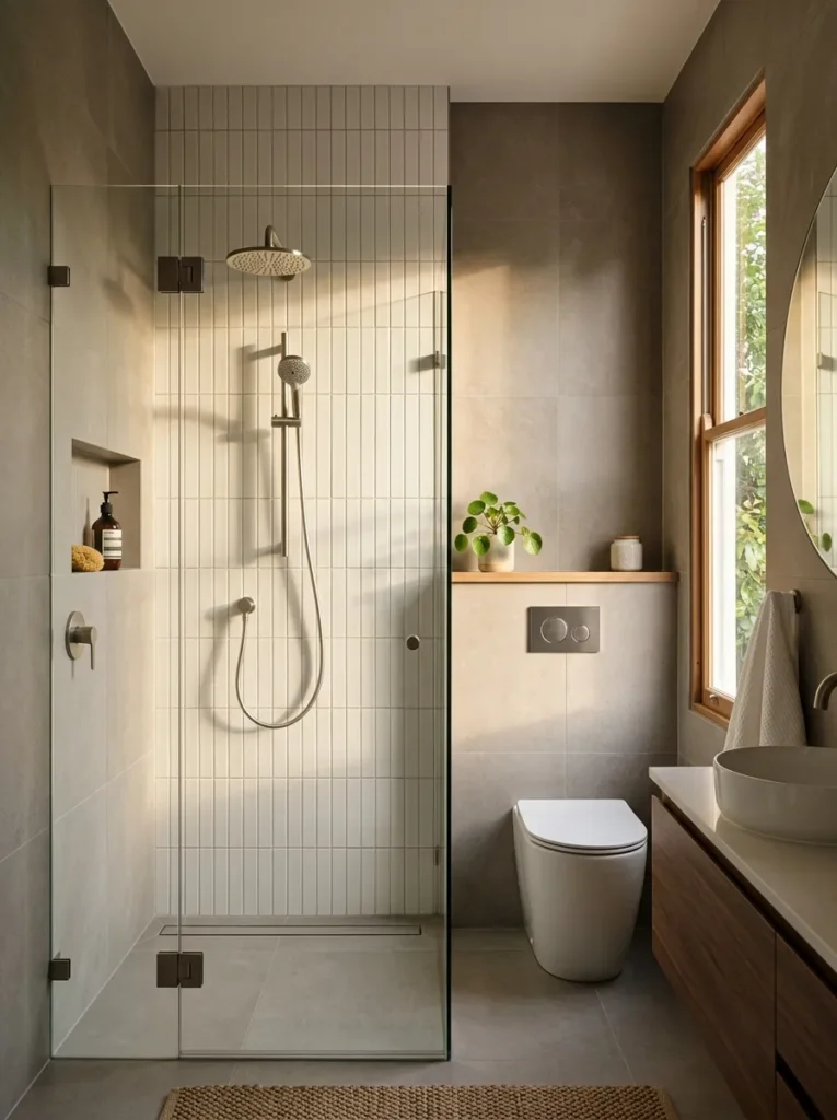 Modern bathroom featuring geometric tile pattern and contemporary architectural detail