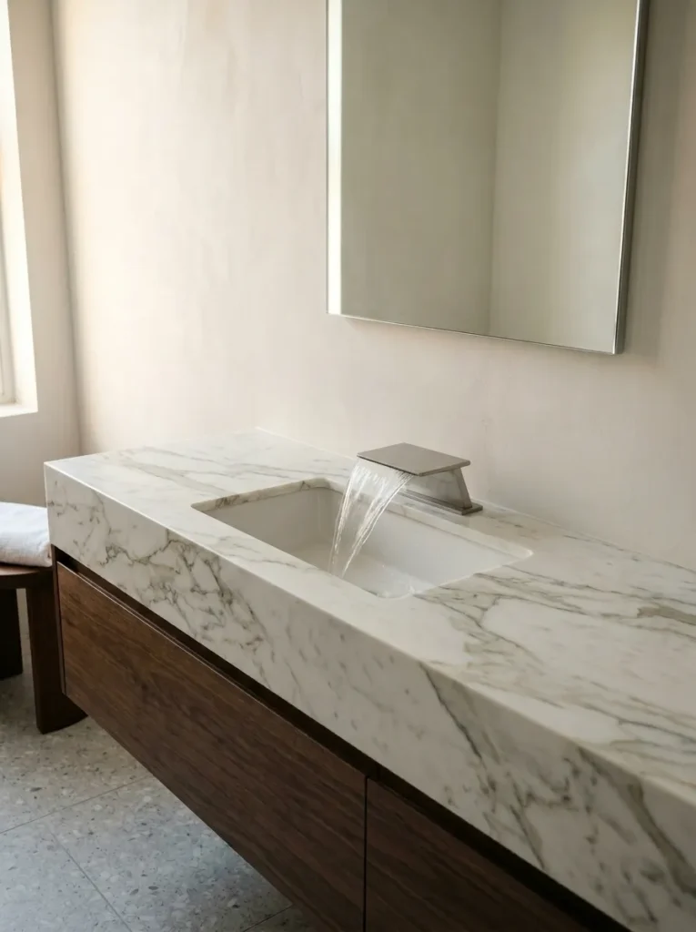 Modern bathroom vanity with undermount sink and waterfall faucet design