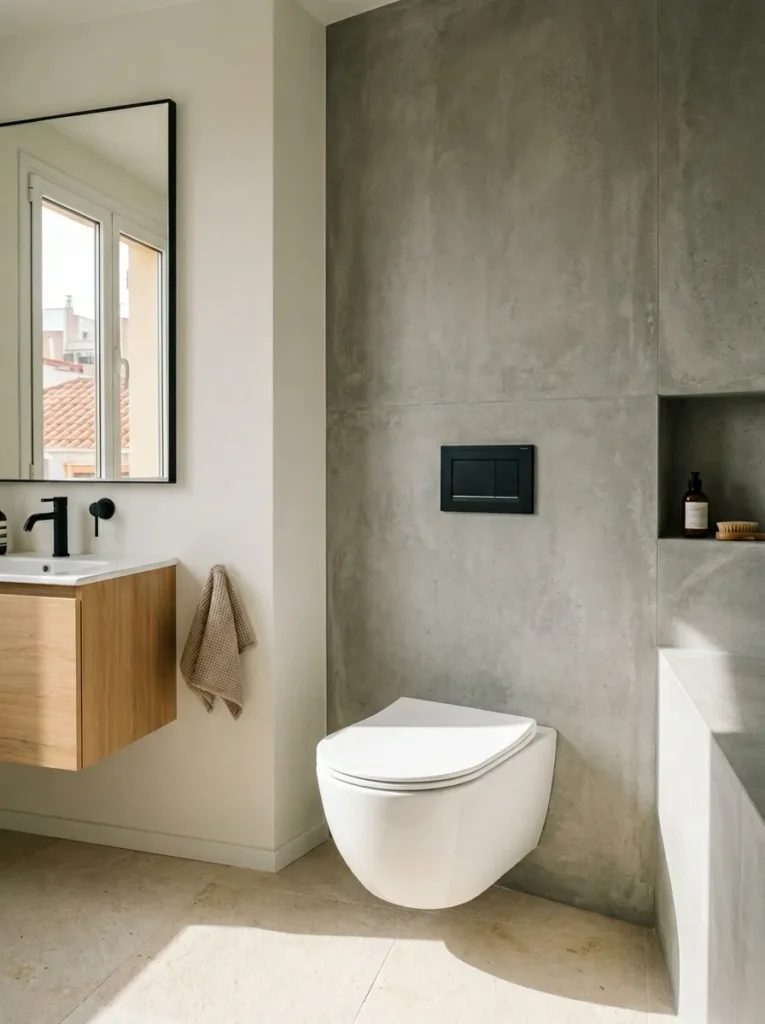Modern bathroom featuring wall-mounted toilet and concealed cistern design