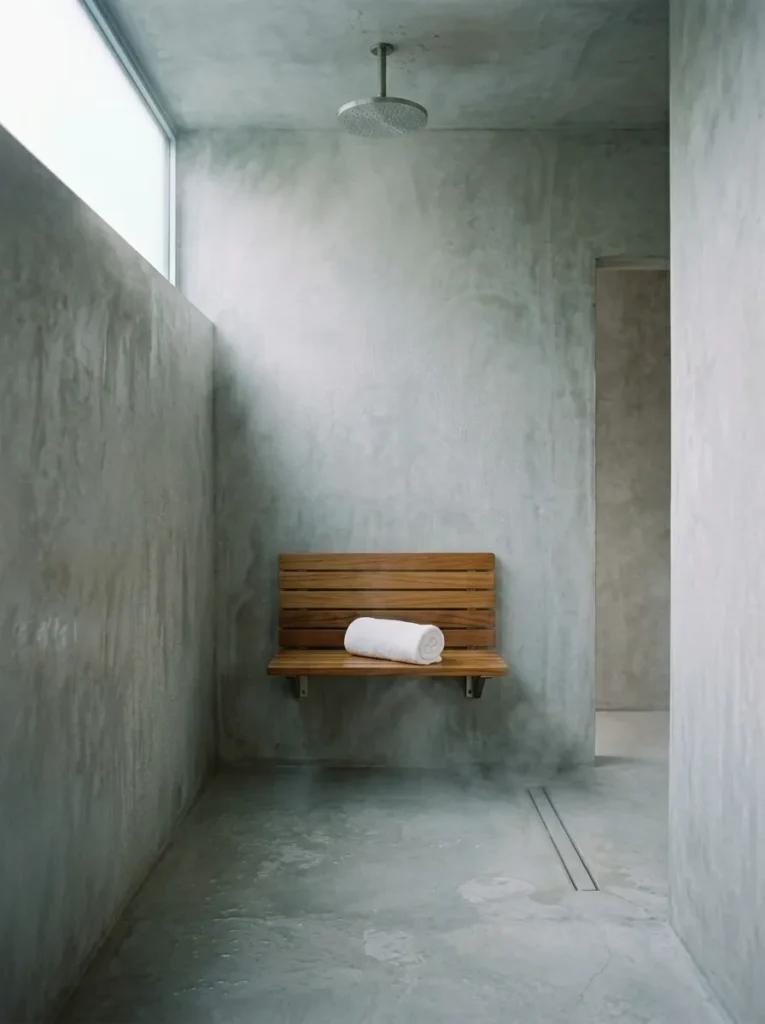 Modern wet room bathroom with fold-down teak bench and open shower layout