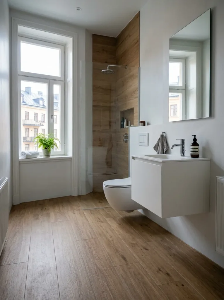 Modern bathroom featuring wood-look porcelain flooring and warm natural texture