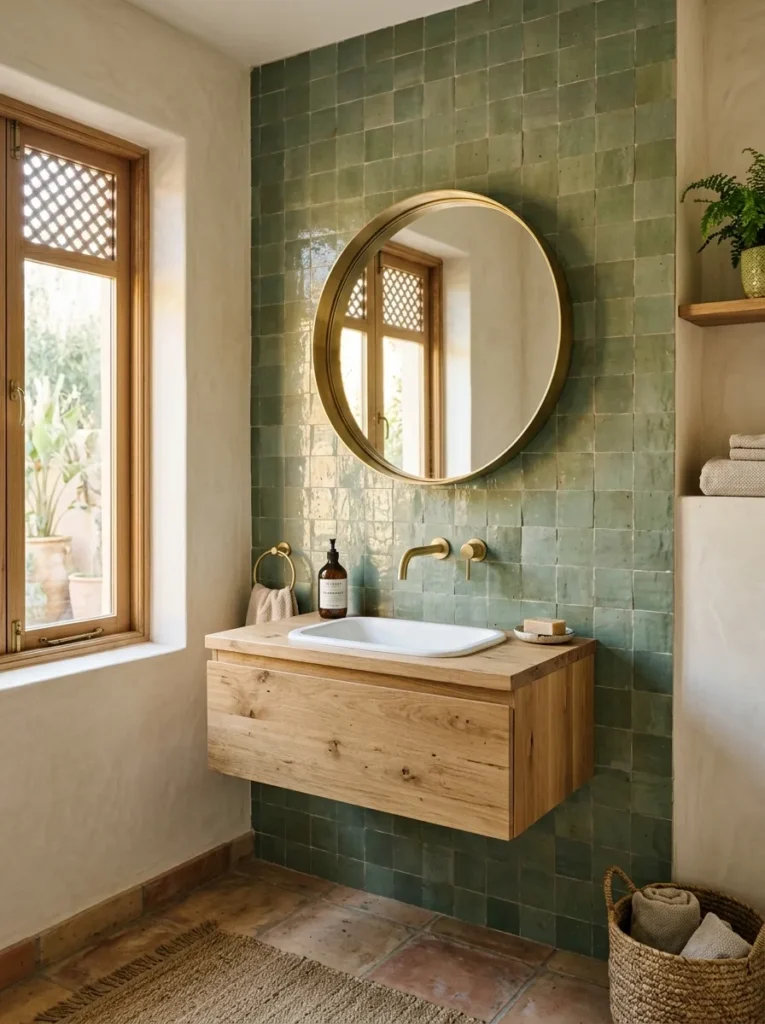 Modern bathroom with handmade zellige tile feature wall and textured surfaces