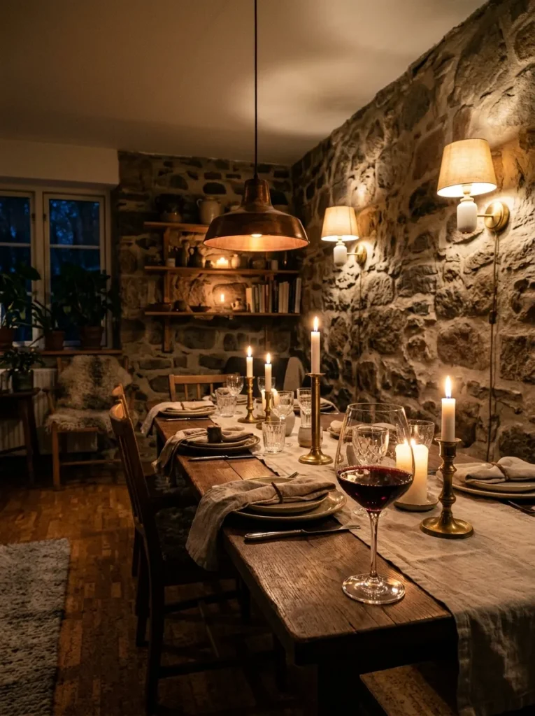 Danish dining room with cork floor and stone walls running pendant and sconces at dimmed low brightness for an intimate evening atmosphere.