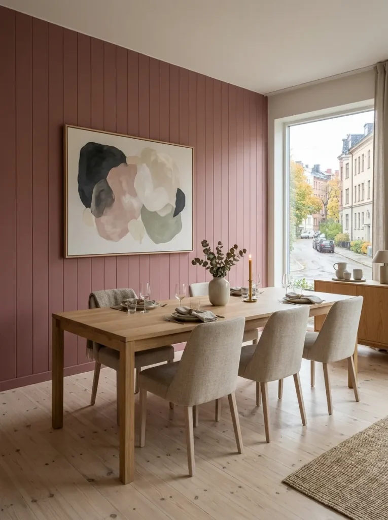 Full-height dusty rose panelled feature wall behind a white oak dining table in a calm Scandinavian Stockholm dining room.