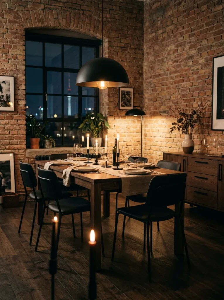 Restrained Parisian dining room with a single smoked oak table and pendant above a pale limestone floor and Venetian plaster walls at dusk.
