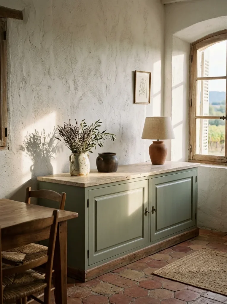 Low sage lacquer sideboard with travertine top in a Provençal farmhouse dining room with terracotta tile floor and white plaster wall.