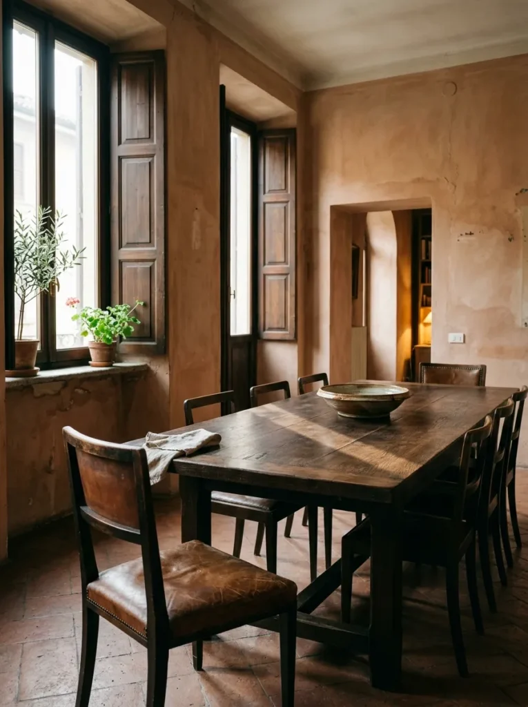 Oversized smoked oak dining table in a sun-lit Milanese apartment with terracotta plaster walls and pulled-out leather chair.