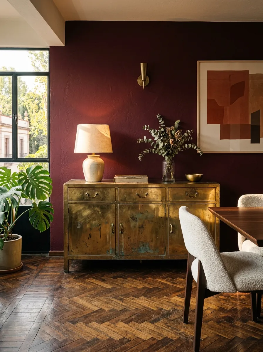 Patinated unlacquered brass 1960s sideboard against a deep burgundy wall in a mid-century Mexico City dining room with herringbone parquet.