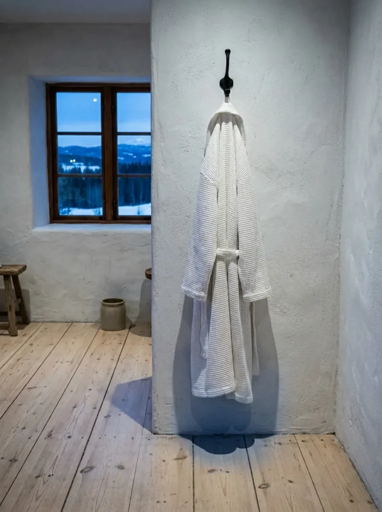 Single matte black iron hook with white waffle-weave dressing gown on a plaster wall in a Scandinavian farmhouse bathroom.
