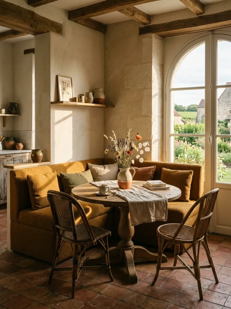 Upholstered built-in banquette seating fitted into a corner nook beside a round oak table in a modern kitchen.