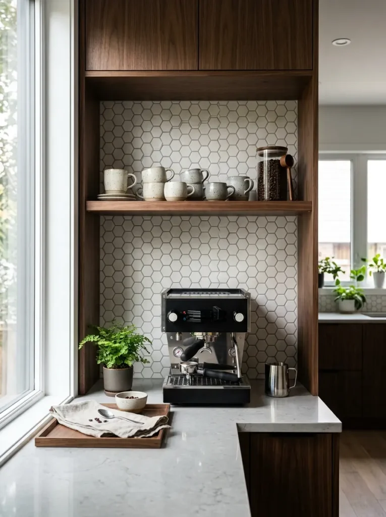 Built-in coffee station with plumbed espresso machine integrated into cabinetry in a modern kitchen corner.
