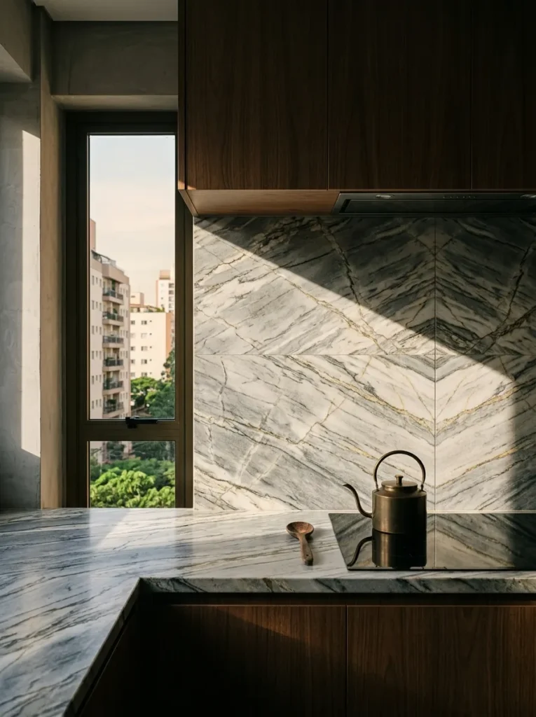  Seamless book-matched stone slab backsplash rising behind a cooktop in a sleek modern kitchen.