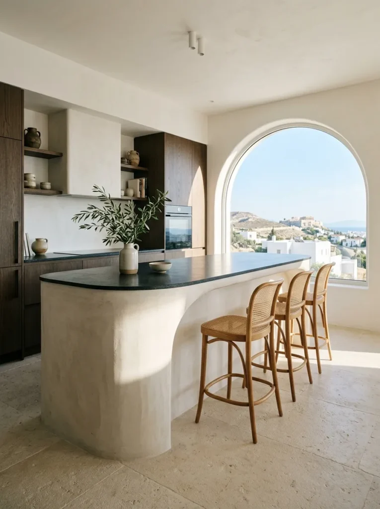 Organic curved kitchen island in plastered finish softening an otherwise angular contemporary kitchen layout.
