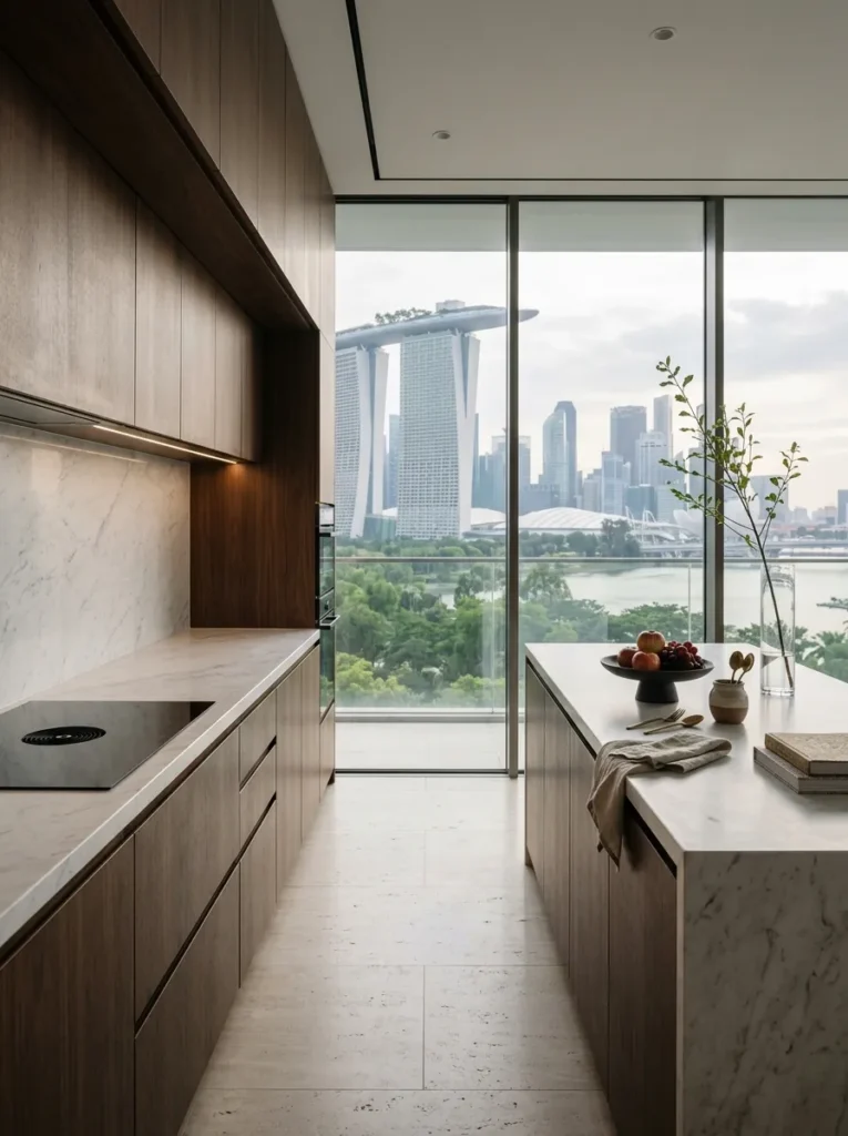 One deliberately bare stretch of marble counter left empty beside a fully styled modern kitchen island.
